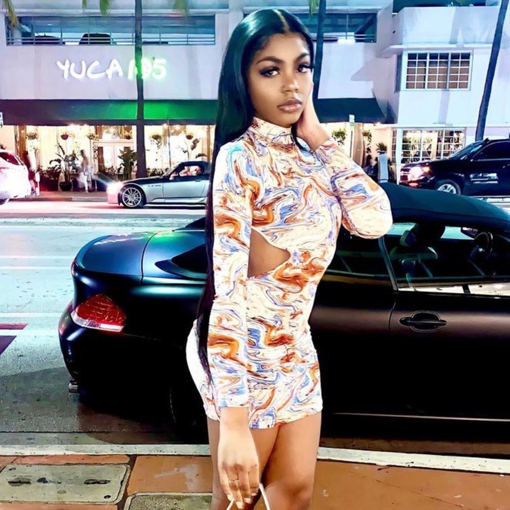 Long sleeve open back mini dress